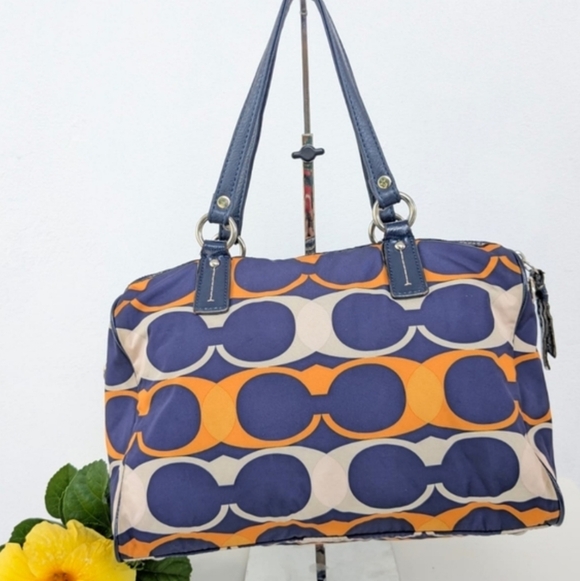 🍍Coach Signature Stripe Satchel Navy and Orange Shoulder Bag - Picture 3 of 11